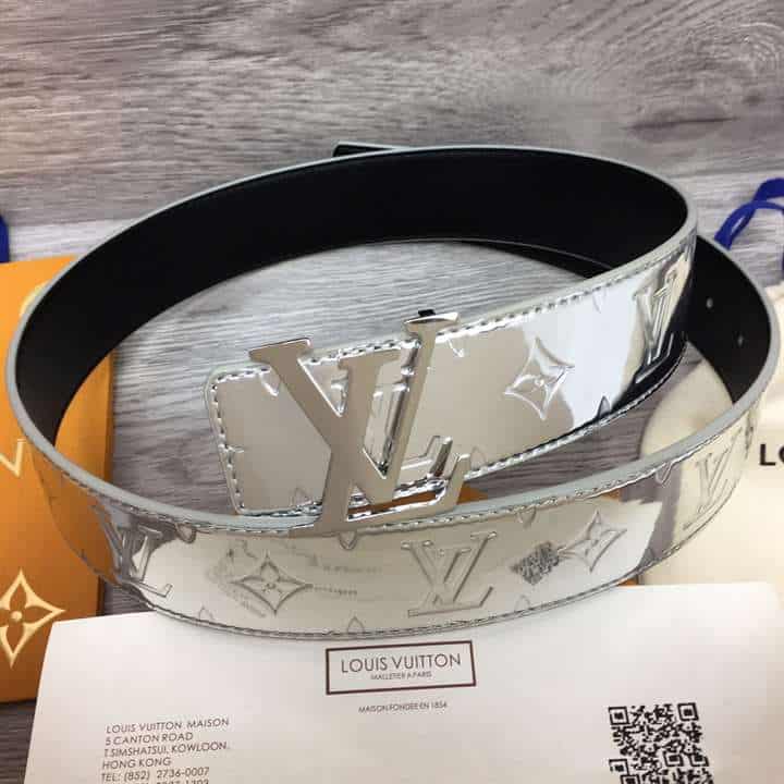 l0*is V*t0n initials lv mirror mirror 40mm reversible belt silver color metallic monogram canvas recto side - b77