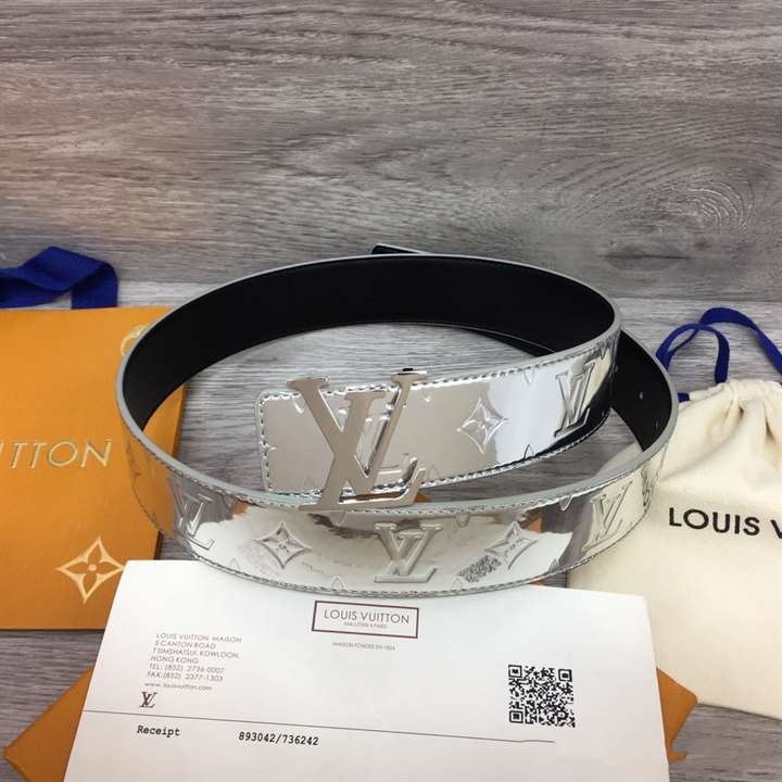 l0*is V*t0n initials lv mirror mirror 40mm reversible belt silver color metallic monogram canvas recto side - b77