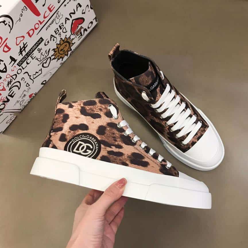 DOLCE AND GABBANA COTTON DRILL PORTOFINO LIGHT MID-TOP SNEAKERS WITH LEOPARD PRINT - DG110