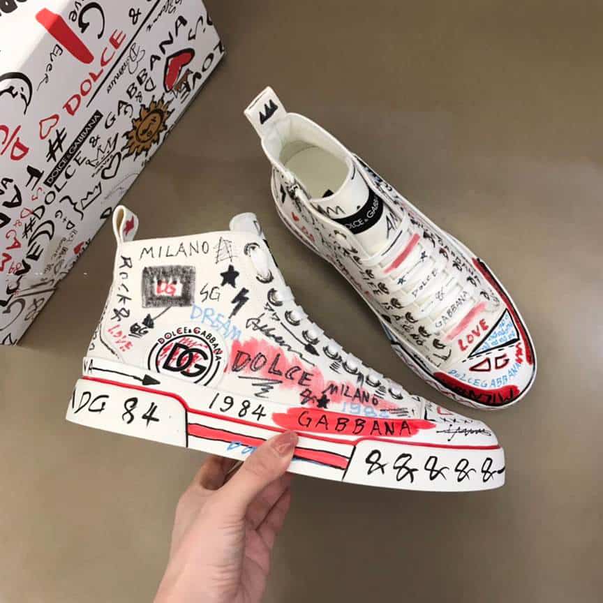 DOLCE AND GABBANA HAND-PAINTED GRAFFITI CANVAS PORTOFINO LIGHT MID-TOP SNEAKERS - DG111