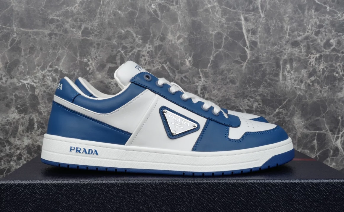 Pra*a downtown leather sneakers in white and lacquer blue- prd011