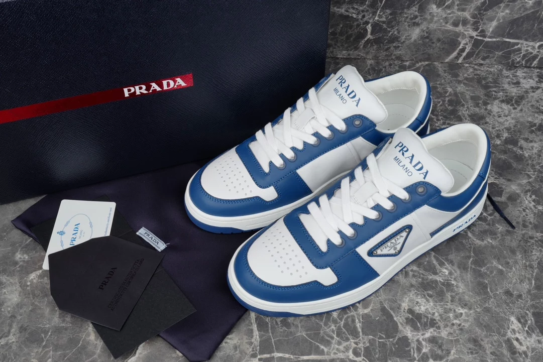 Pra*a downtown leather sneakers in white and lacquer blue- prd011