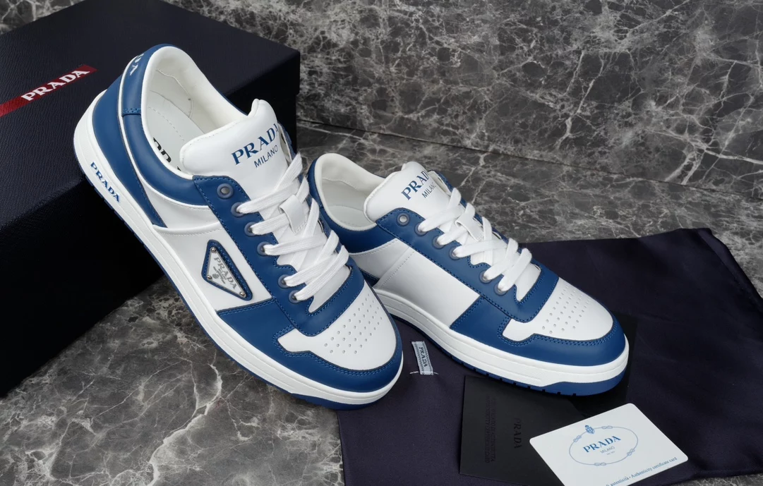 Pra*a downtown leather sneakers in white and lacquer blue- prd011