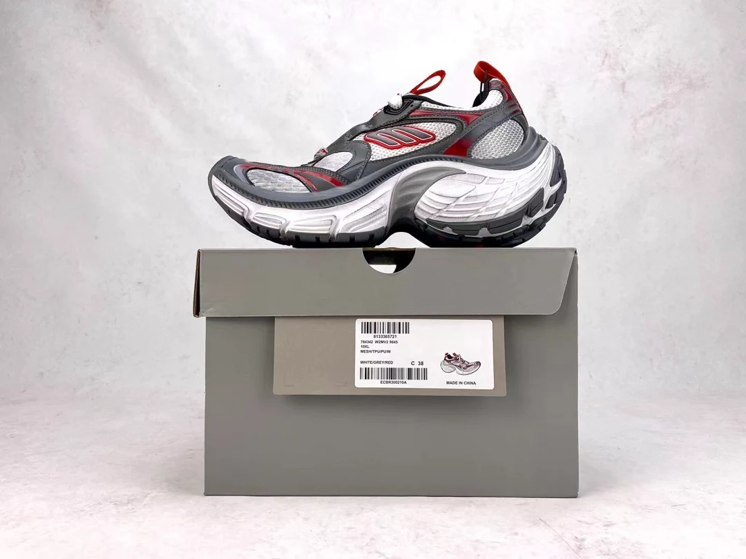 Ba*len*cia*ga men's 10xl sneaker in grey/white/red - bb271