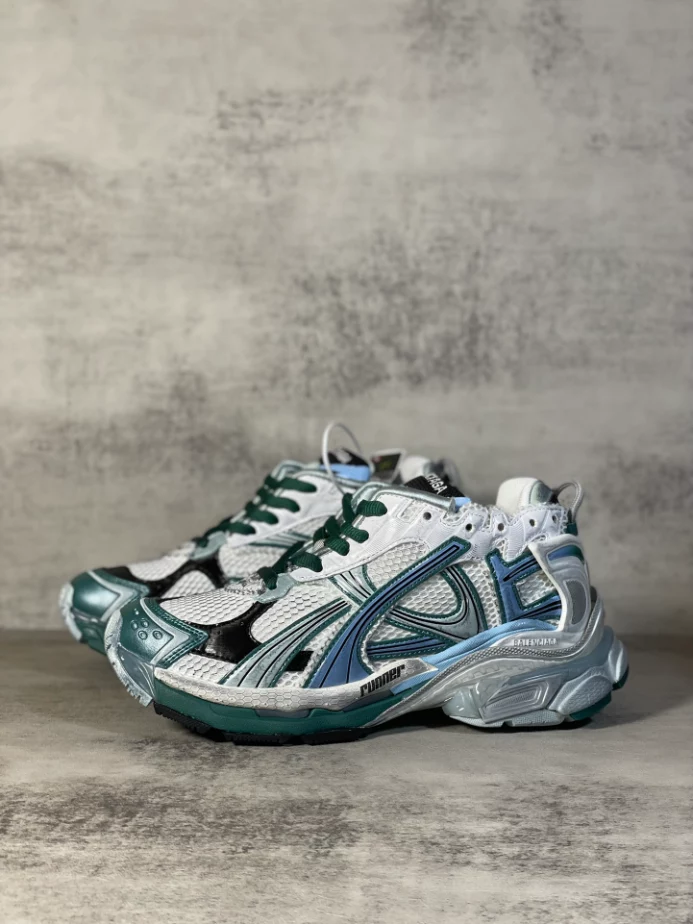 Ba*len*cia*ga runner sneaker in white, green and blue mesh and nylon - bb268