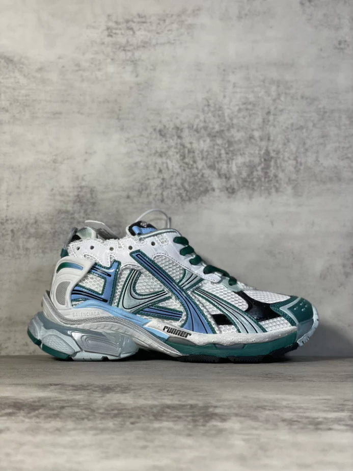 Ba*len*cia*ga runner sneaker in white, green and blue mesh and nylon - bb268